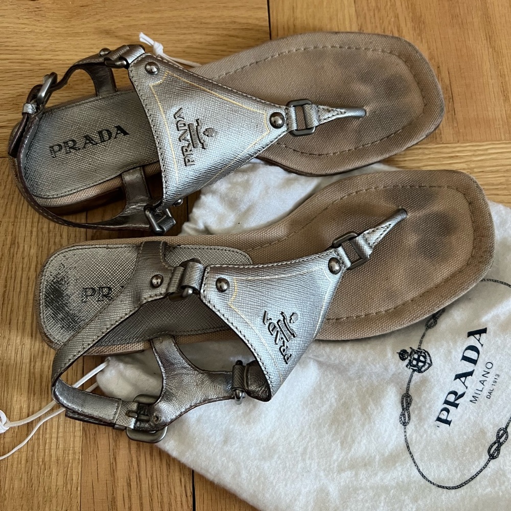 Prada Logo Plaque Metallic Leather Ankle-Strap Thong  Sandals Size 7.5 US